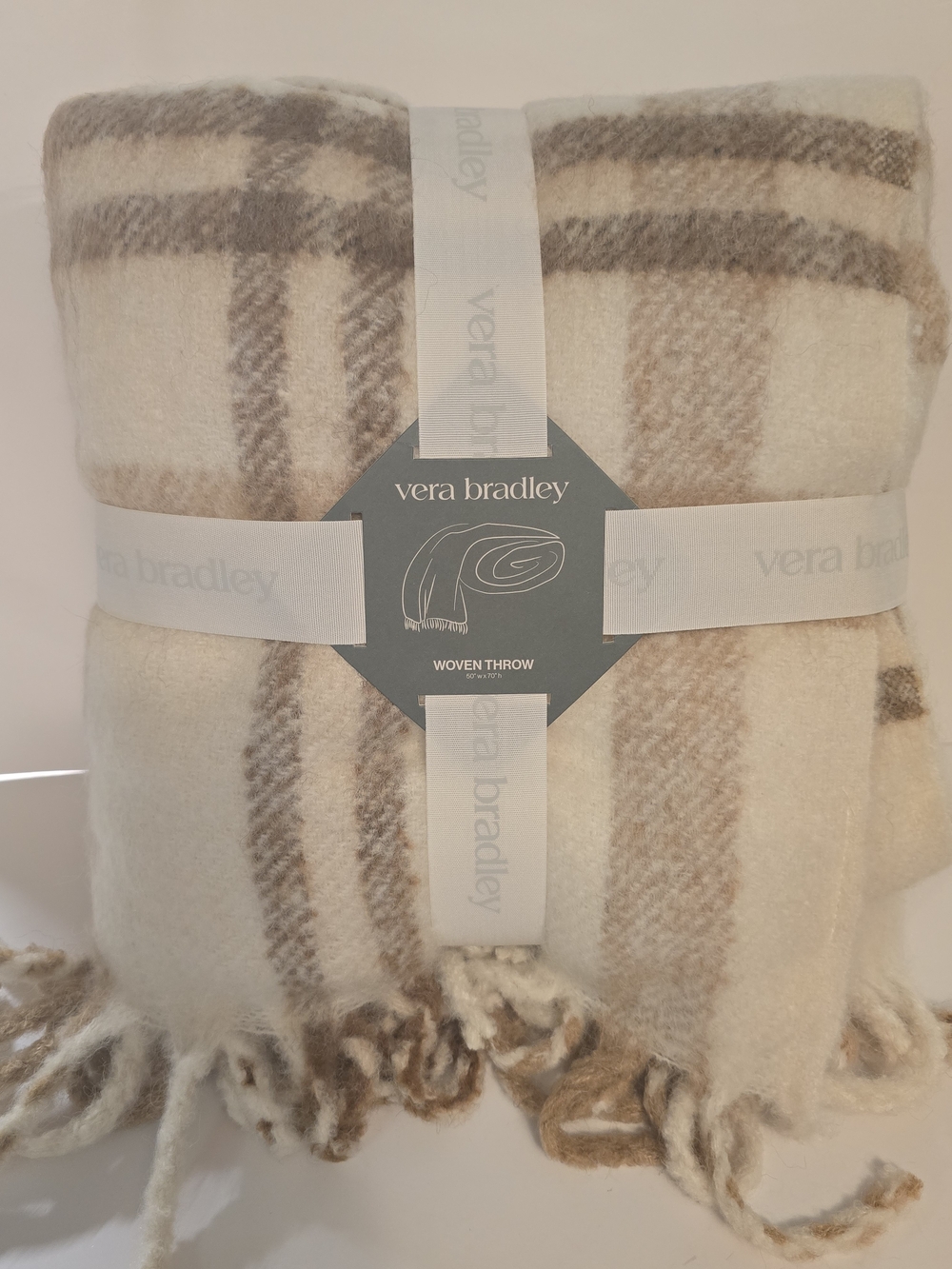 Vera Bradley Cream & Taupe Plaid Woven Throw with Fringe